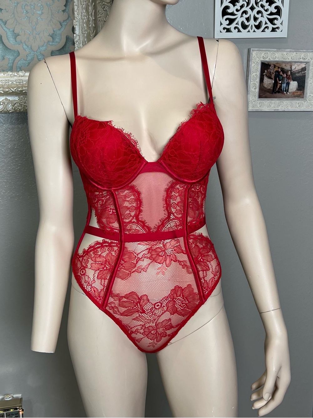 Red Lace Sheer Bodysuit - Women's Intimates
